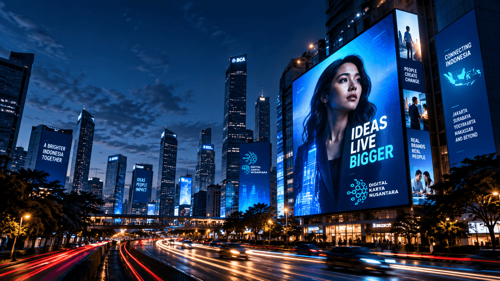 A Jakarta avenue at night, lined with tower-scale digital billboards running DKN campaign creative